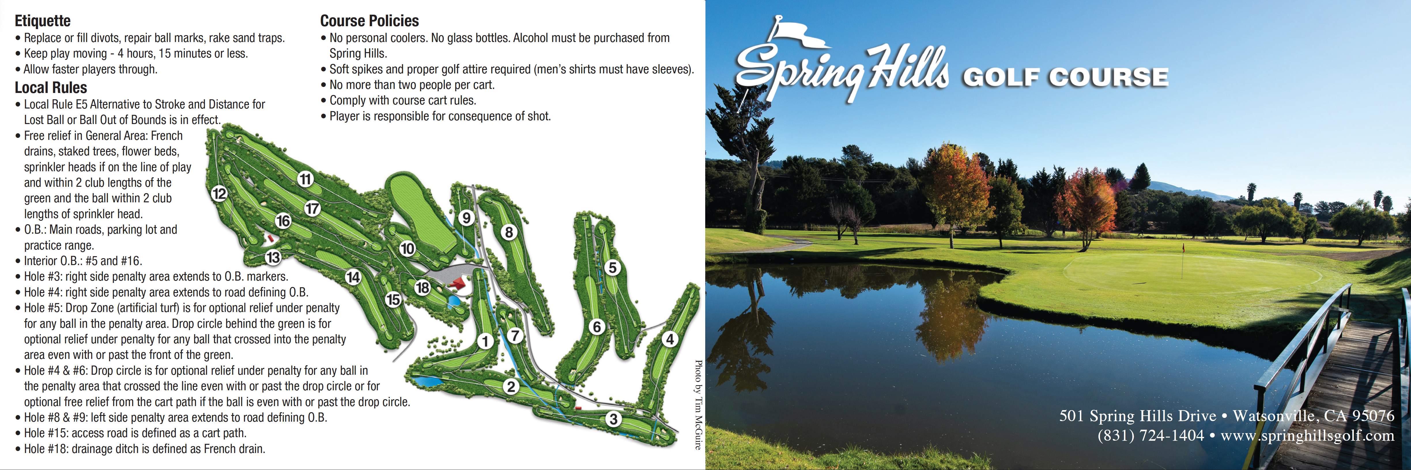 Spring Hills Golf Coarse score card front